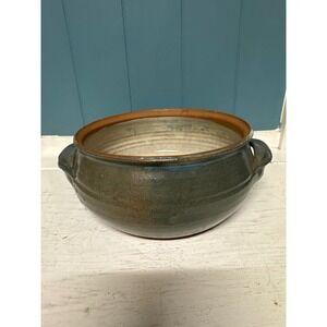 Vtg Studio Pottery Stoneware Serving Bowl Blue Gray Glaze Double Handles 8.5in